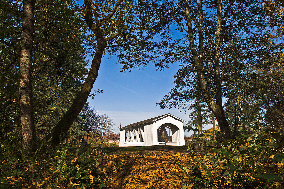 Jordan Covered Bridge in Pioneer Park, Stayton, Oregon, USA.