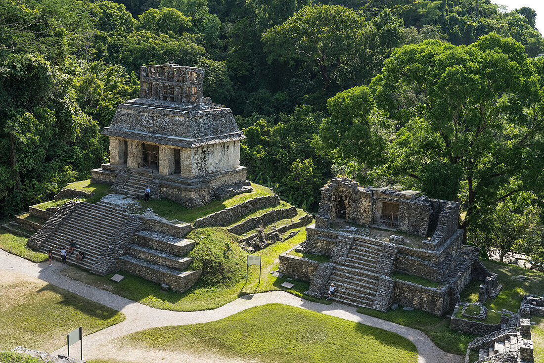 The Temple of the Sun with Temple XIV at right in the ruins of the Mayan city of Palenque, Palenque National Park, Chiapas, Mexico. A UNESCO World Heritage Site.