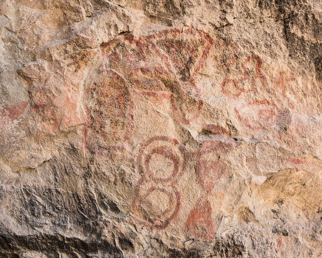 5,000 year old pictograph rock art paintings in the Mitla Caves in the UNESCO World Heritage Site of the Prehistoric Caves of Yagul and Mitla in the Central Valley of Oaxaca.