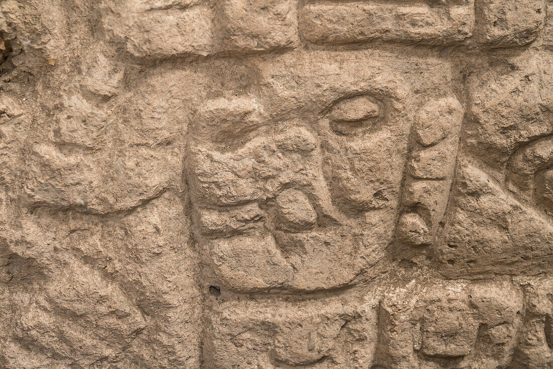 Detail eines Gesichts in den geschnitzten Mustern auf dem Stein, der den Eingang zum Fortaleza-Grab in den Ruinen der zapotekischen Stadt Yagul, Oaxaca, Mexiko, bedeckte.