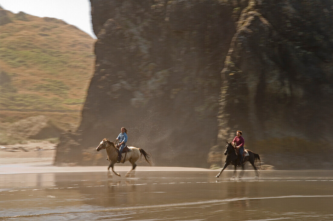 Reiten am Strand im Myers Creek-Gebiet des Pistol River State Park, Samuel H. Boardman State Scenic Corridor, Oregon Coast.