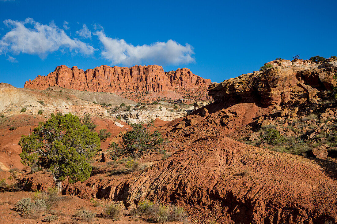 Schroffe erodierte geologische Formationen im Capitol Reef National Park in Utah.