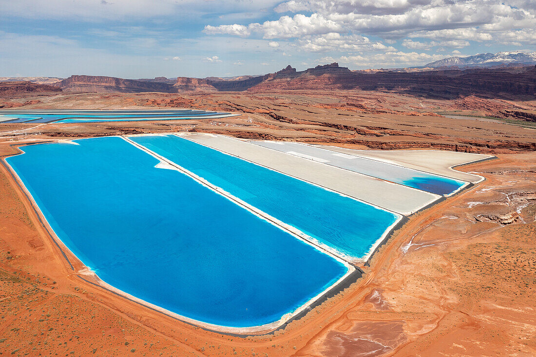 Evaporation ponds at a potash mine using a solution mining method for extracting potash near Moab, Utah. Blue dye is added to speed up evaporation.