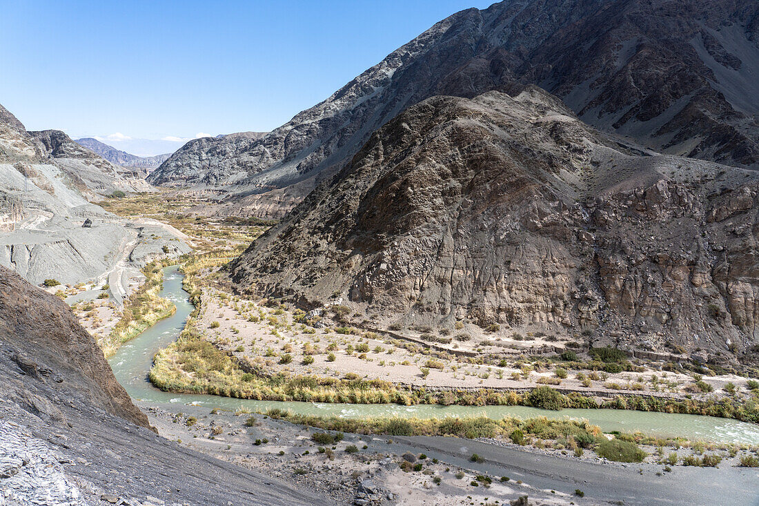 The canyon of the Rio Jáchal or Jachal River through the mountains of San Juan Province in Argentina.