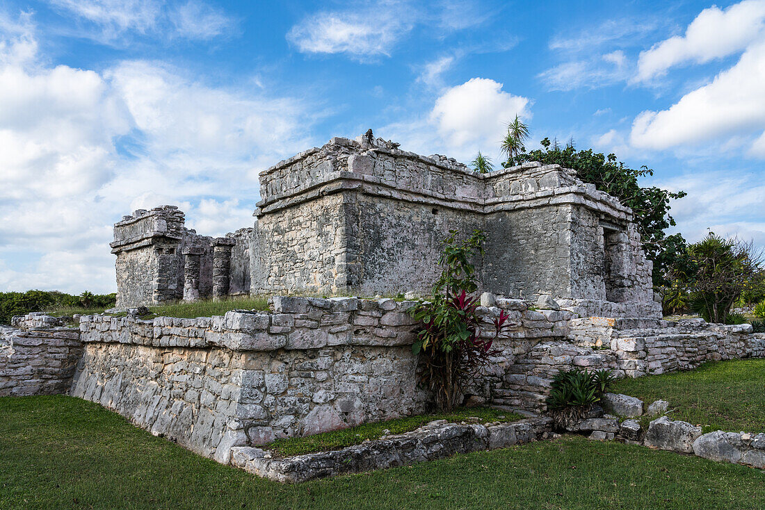 The House of the Chultun in the ruins of the Mayan city of Tulum on the coast of the Caribbean Sea. Tulum National Park, Quintana Roo, Mexico. It is built over a chultun or cistern which holds water.