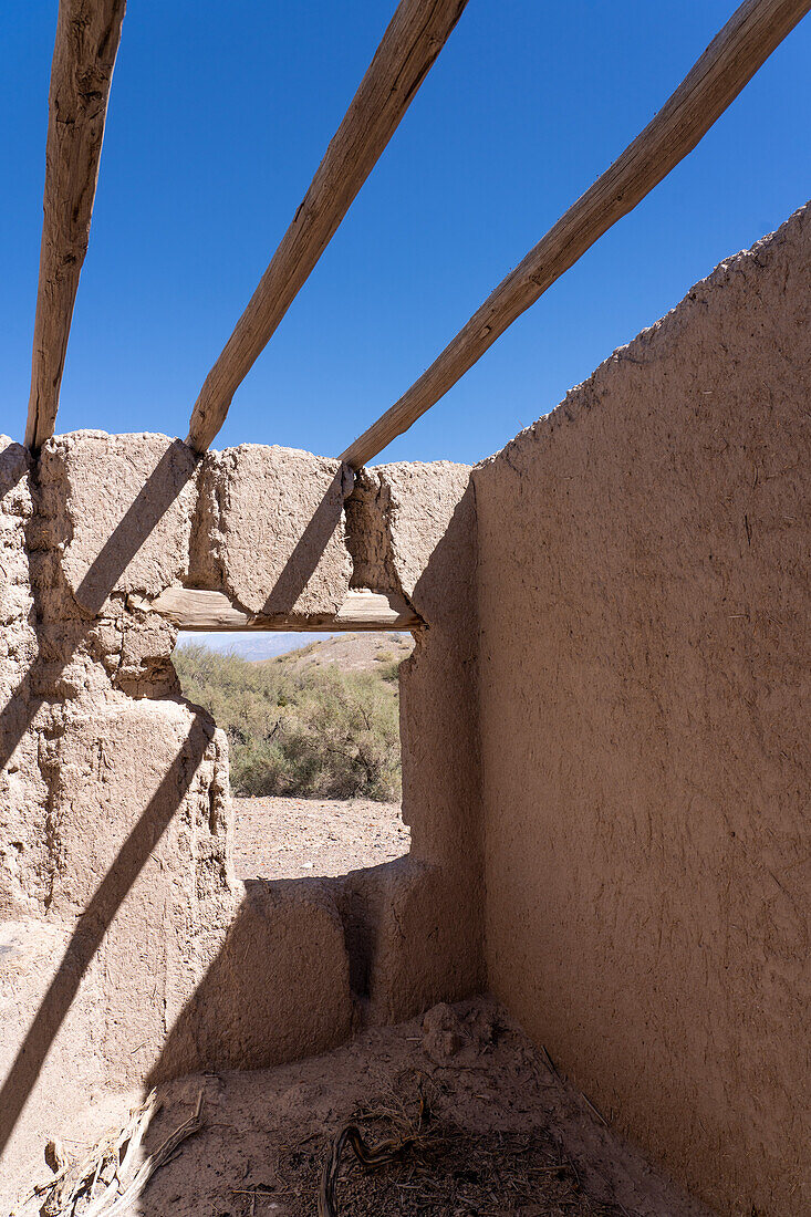 Architektonisches Detail einer verlassenen Lehmbau-Hacienda in der Nähe von Calingasta, Provinz San Juan, Argentinien.