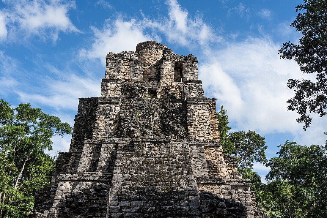 Struktur 8I-13, El Castillo oder das Schloss in den Ruinen der Maya-Stadt Muyil oder Chunyaxche im UNESCO-Biosphärenreservat Sian Ka'an in Quintana Roo, Mexiko. Mit 57 Fuß oder 17 Metern Höhe ist sie die höchste Pyramide an der nördlichen Zentralküste von Quintana Roo.