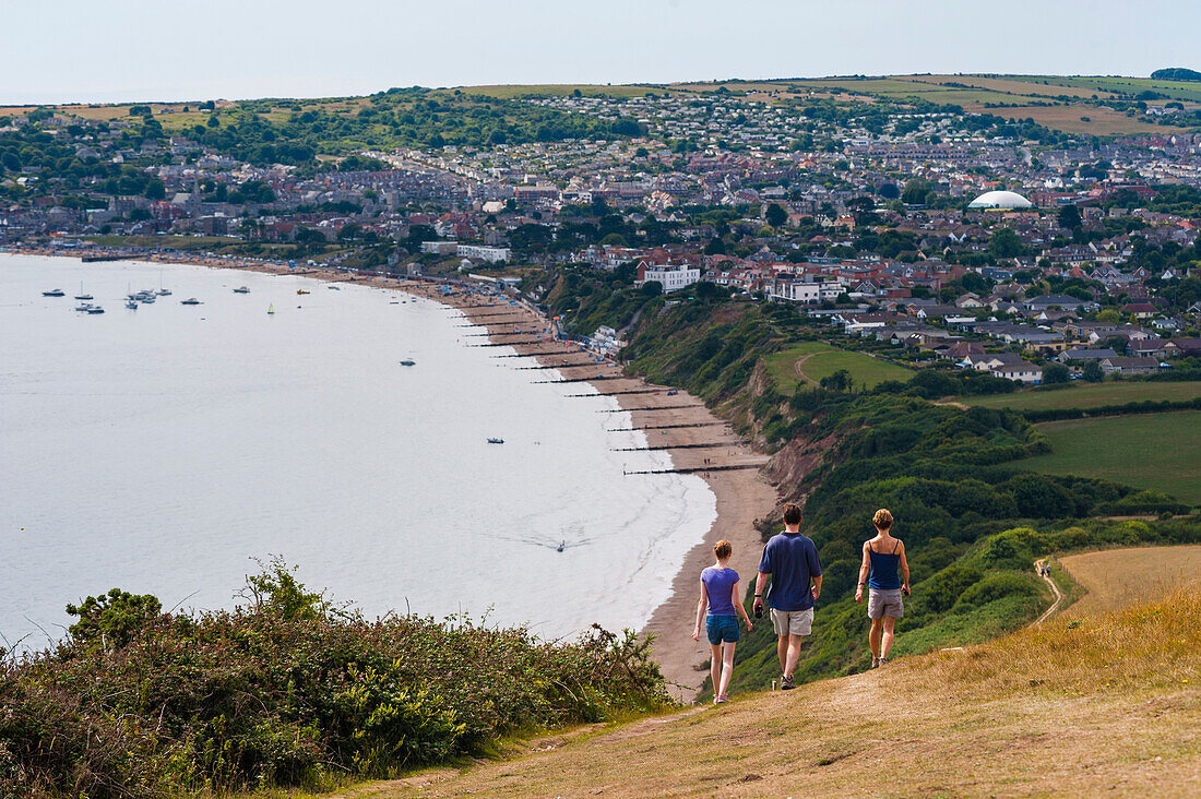 Walking on the coastal path above Swanage, Dorset, Jurassic Coast, England, United Kingdom, Europe