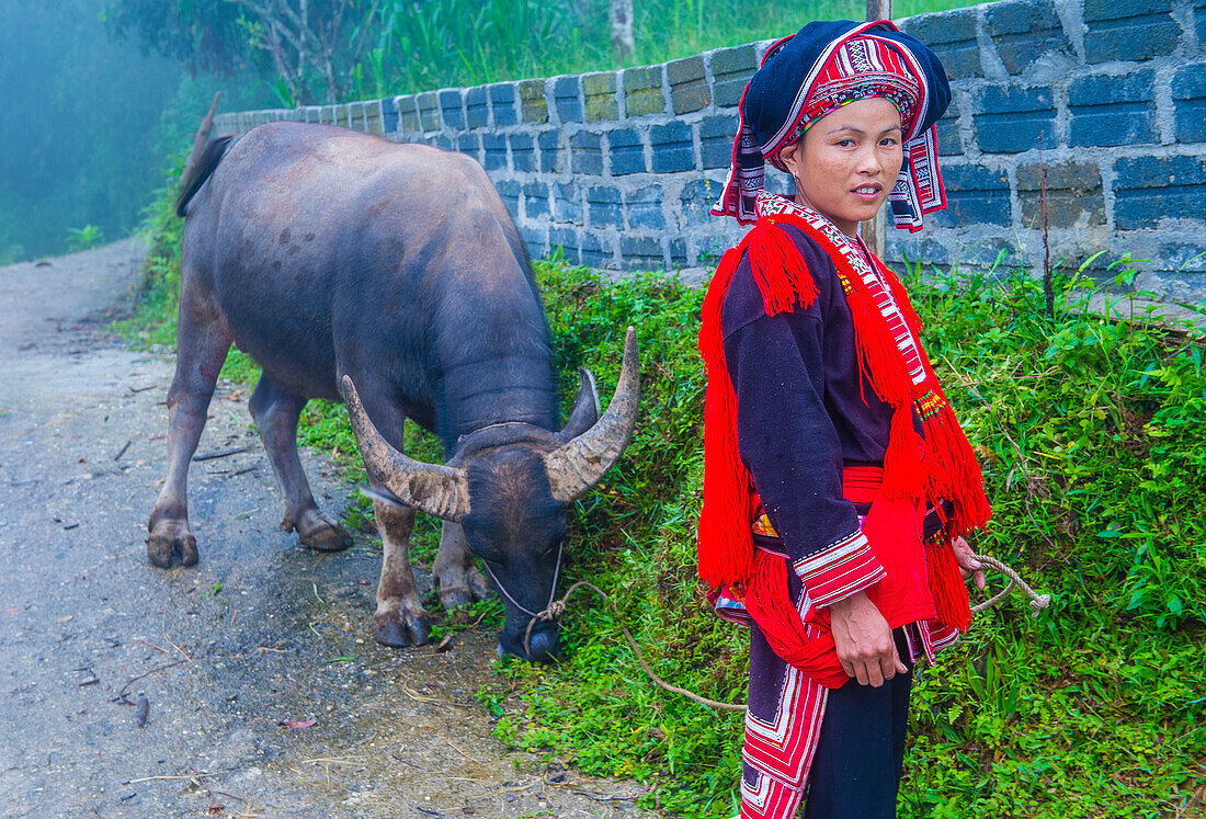 Frau aus der Minderheit der Roten Dao in einem Dorf in der Nähe von Ha Giang in Vietnam