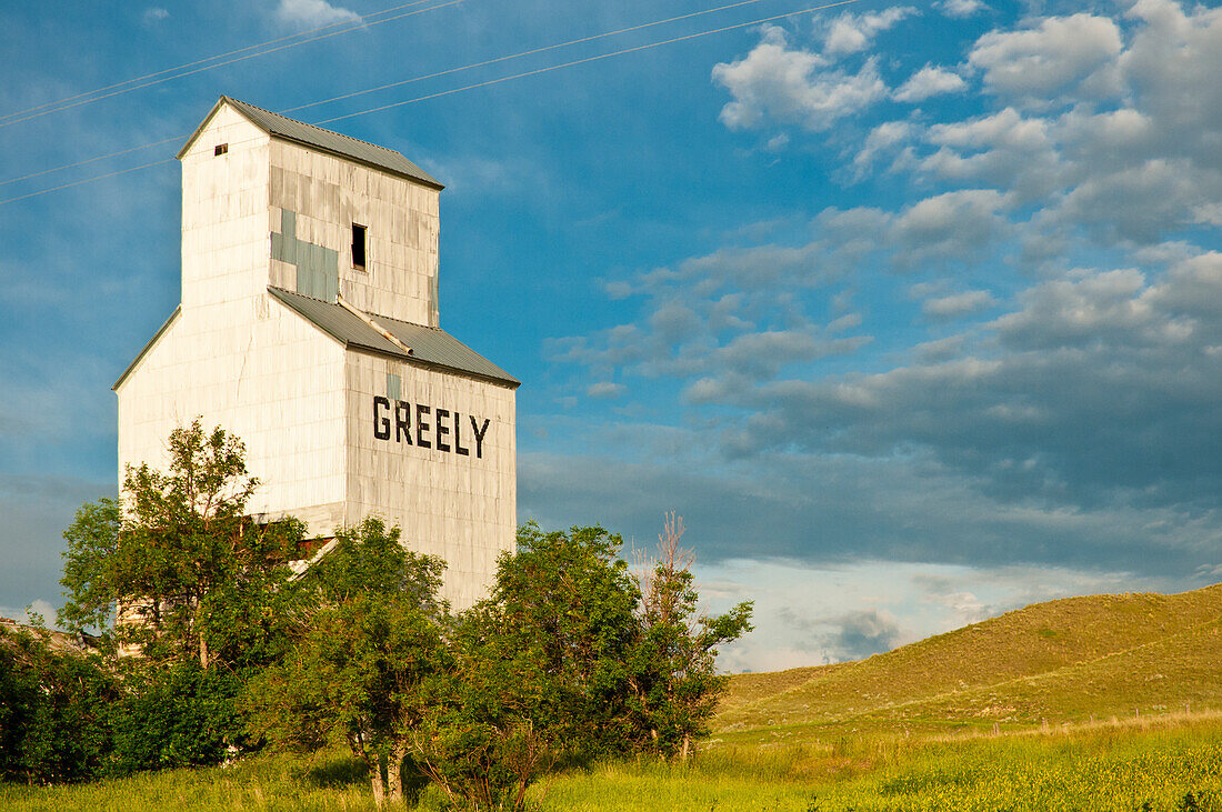 Old grain storage building at Virgelle, Montana.