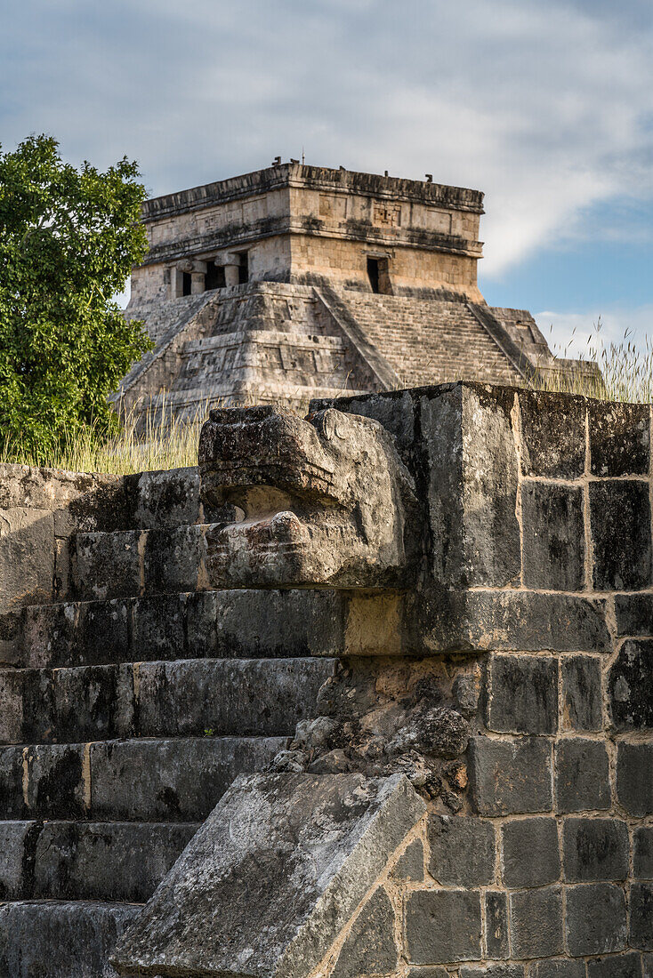 The Platform of the Eagles and Jaguars, built in Maya-Toltec style, in the ruins of the great Mayan city of Chichen Itza, Yucatan, Mexico. The Pre-Hispanic City of Chichen-Itza is a UNESCO World Heritage Site.