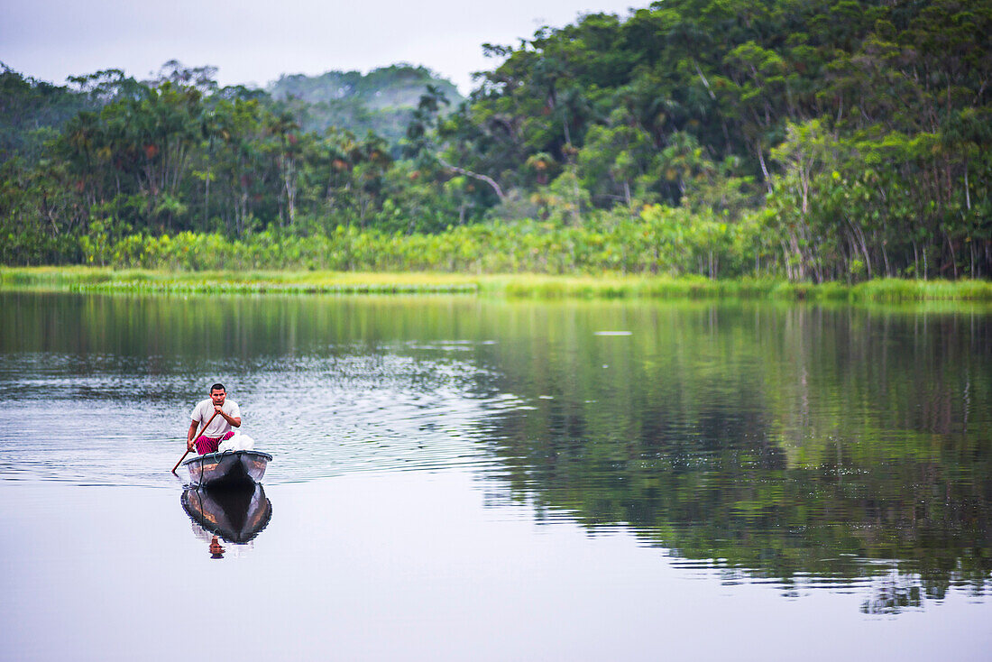Einbaum-Bootsfahrt in einer Lagune im Amazonas-Regenwald in der Sacha Lodge, Coca, Ecuador, Südamerika