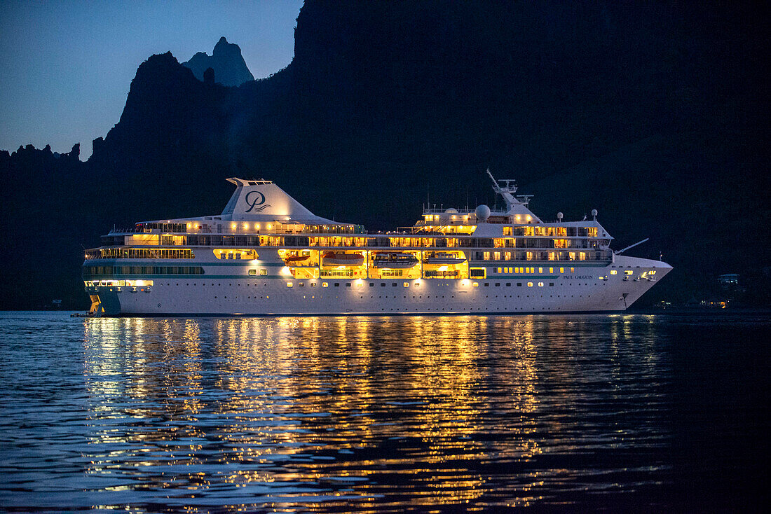 Paul Gauguin cruise anchored in Moorea, French Polynesia, Society Islands, South Pacific.