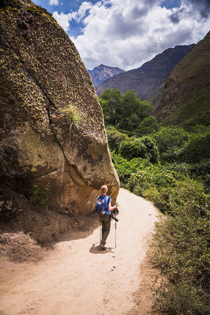 Inca Trail, hiker on day 1 of the trek, Cusco Region, Peru