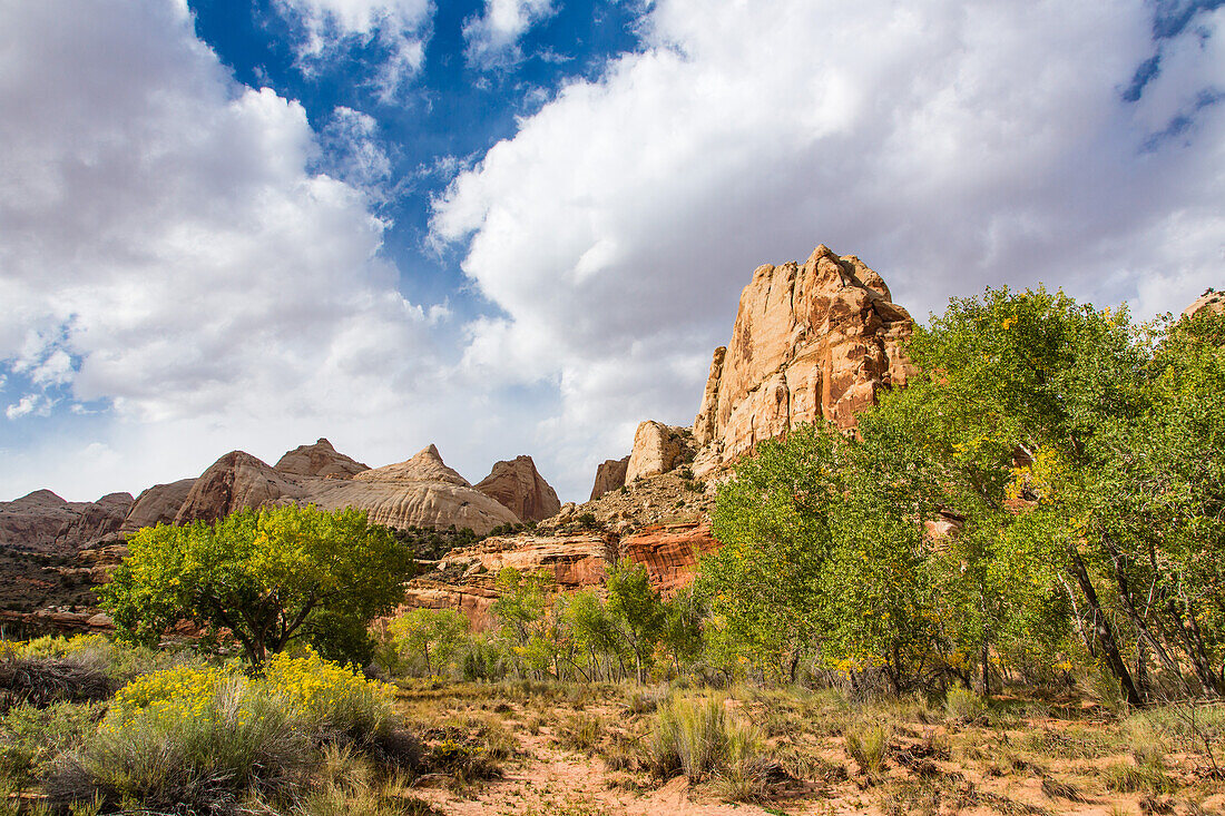 Die spitze Navajo-Sandsteinpyramide, bekannt als Navajo Dome, links in der Mitte. Capitol Reef National Park, Utah.