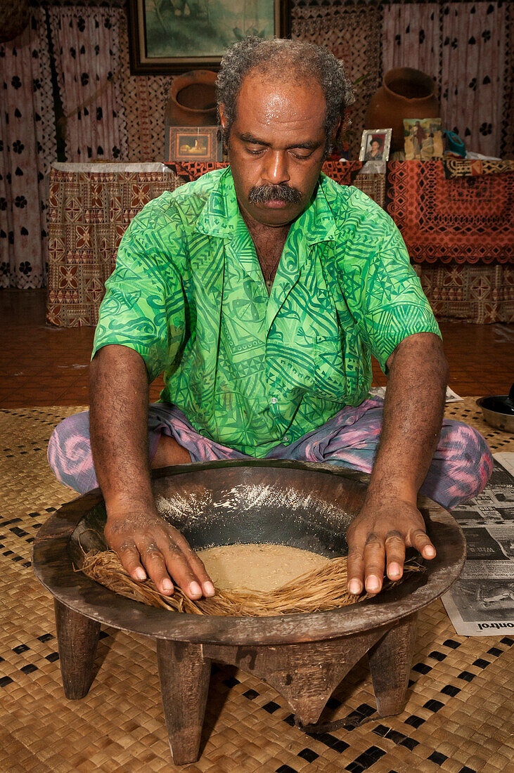 Tui Talili preparing kava for guests at Bulou's Eco Lodge, Navala Village, Viti Levu Island, Fiji.