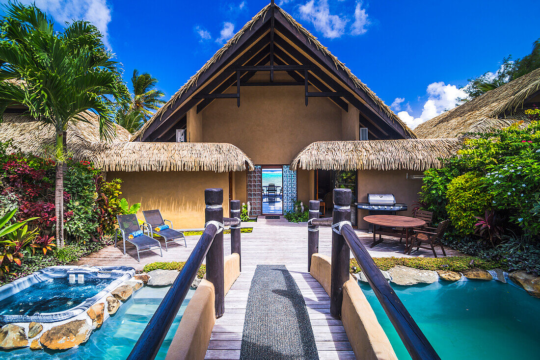 Luxury Villa accommodation with private outdoor swimming pool and seating area, Muri, Rarotonga, Cook Islands
