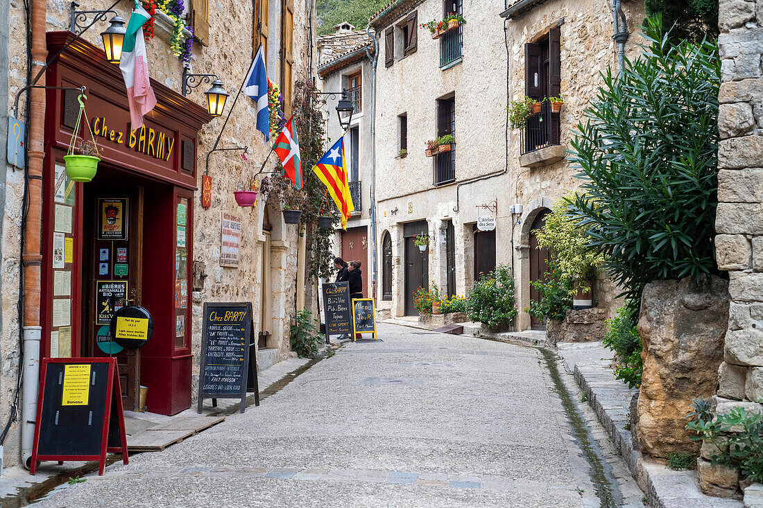 Saint Guilhem le Desert, labelled Les Plus Beaux Villages de France (The Most Beautiful Villages of France), a stop on el Camino de Santiago, Herault, France. Street scene of St Guilhem le Desert, pedestrian road with old historical houses on both side. St-Guilhem, France.