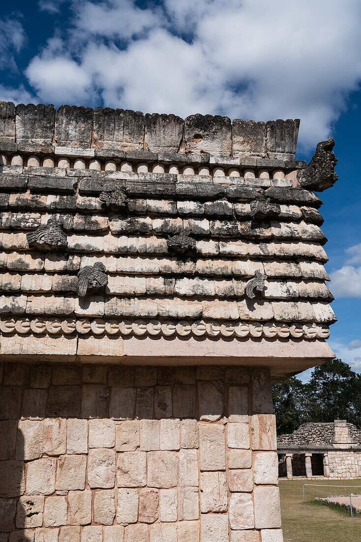 Stone carvings of birds in the Quadrangle of the Birds in the ruins of the Mayan city of Uxmal in Yucatan, Mexico. Pre-Hispanic Town of Uxmal - a UNESCO World Heritage Center.