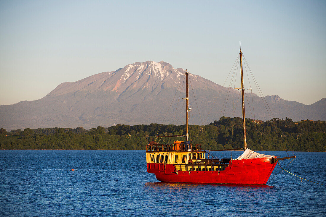 Capitan Haase Traditional Sailing Ship on Llanquihue Lake with Calbuco Volcano behind, Puerto Varas, Chile Lake District