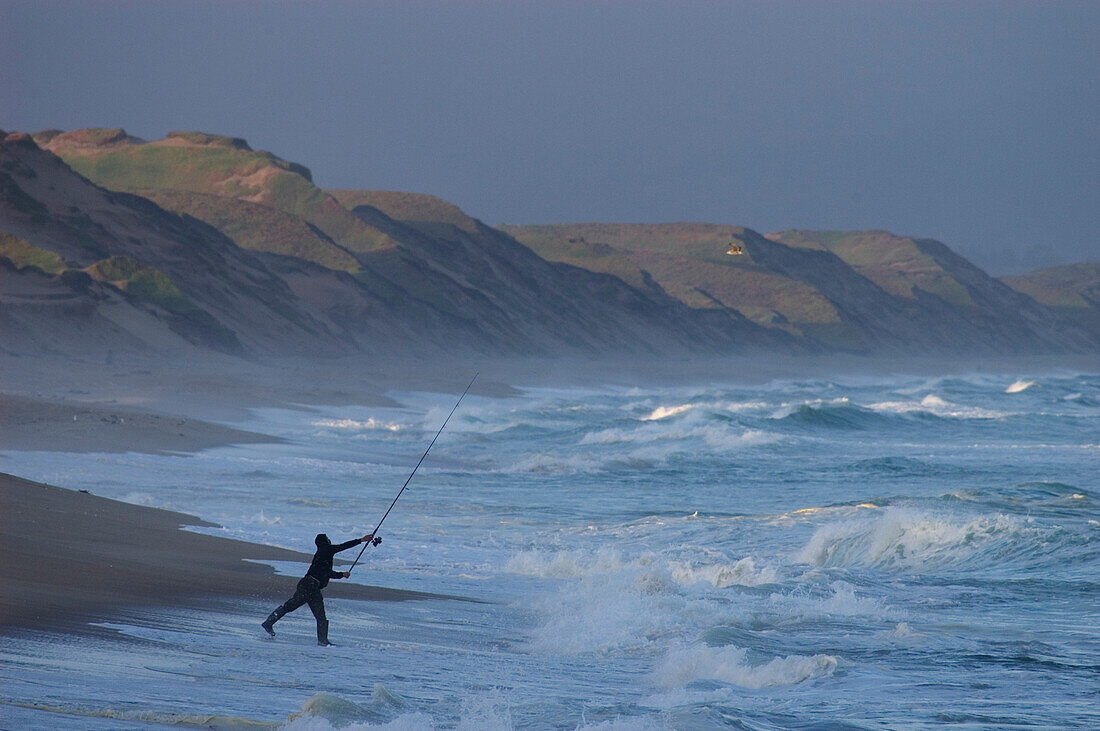 Fisherman casting into surf on beach at Marina Dunes State Park; Monterey County, California.