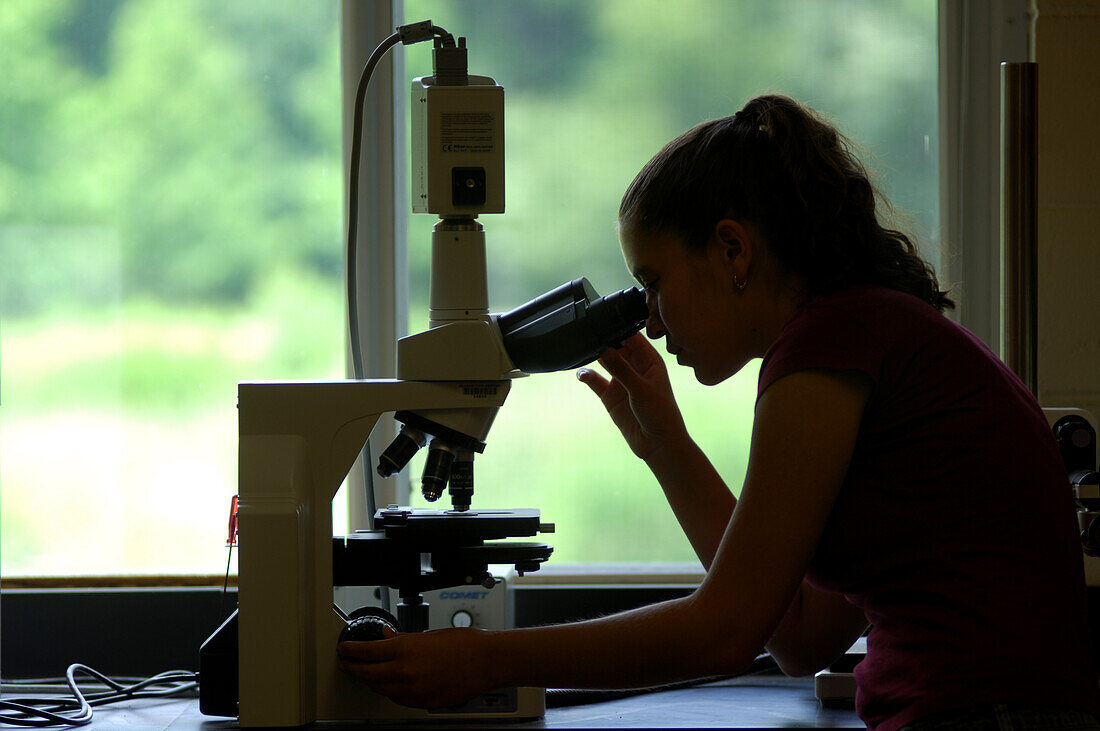 University student looking through microscope in lab