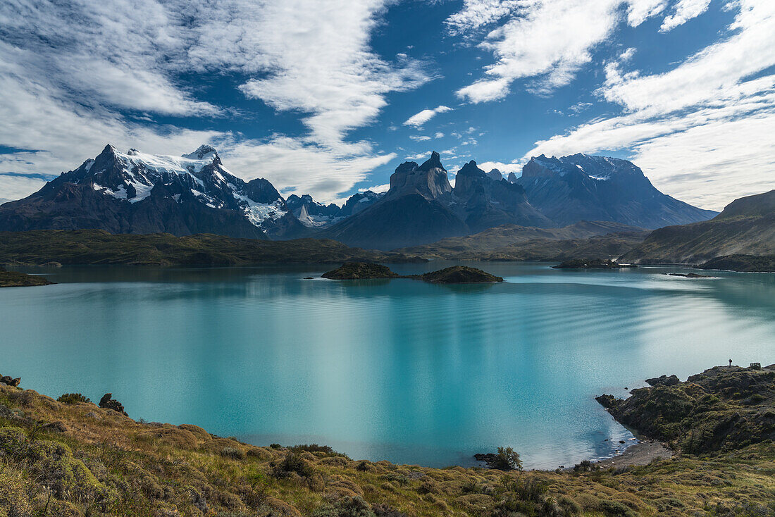 A morning view of the Paine Massif across Lago Pehoe in Torres del Paine National Park, a UNESCO World Biosphere Reserve in Chile in the Patagonia region of South America.