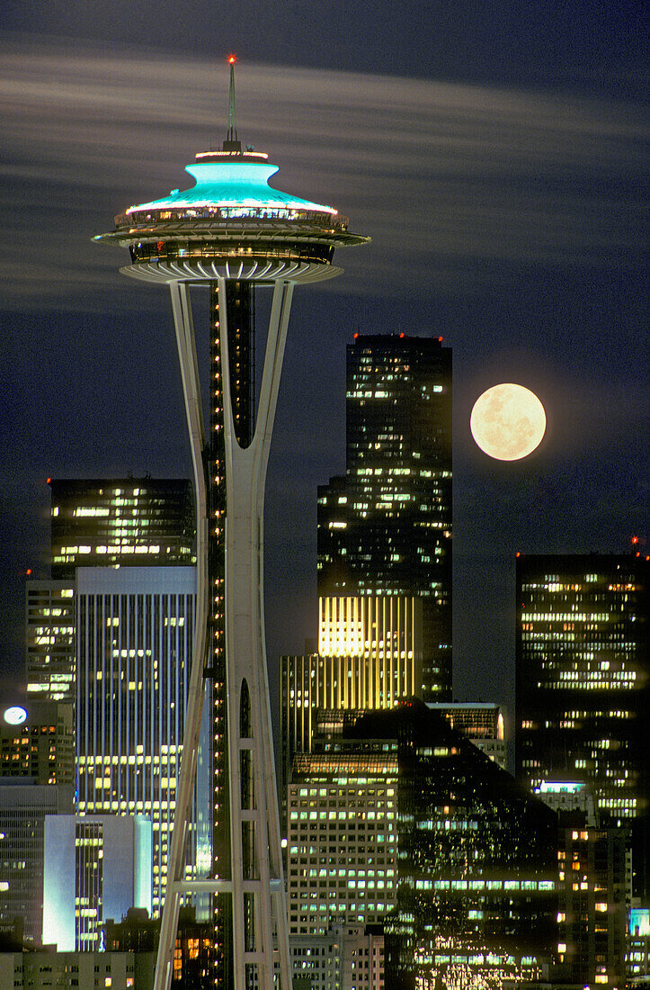 Space Needle and full moon; Seattle, Washington.