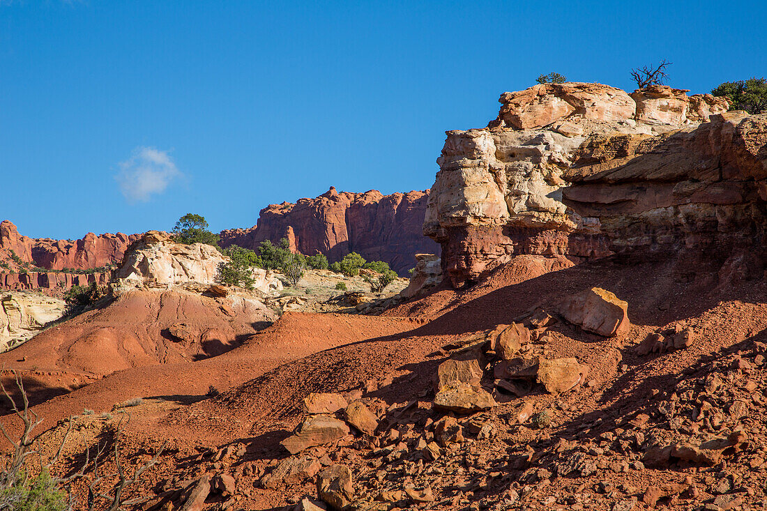 Rugged eroded geologic formations in Capitol Reef National Park in Utah.