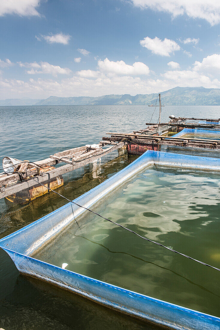 Fish farm in the middle of Lake Toba (Danau Toba), North Sumatra, Indonesia