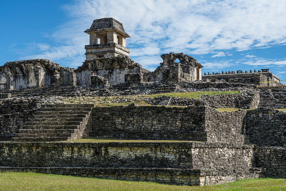 The Palace with its tower in the ruins of the Mayan city of Palenque, Palenque National Park, Chiapas, Mexico. A UNESCO World Heritage Site.