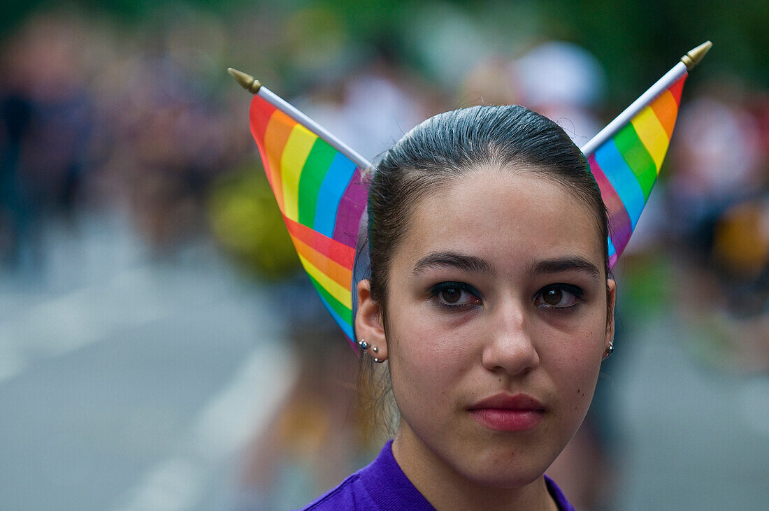 Participant in the Gay Pride Parade in New York City. The parade is held two days after the U.S. Supreme Court's decision allowing gay marriage in the U.S.