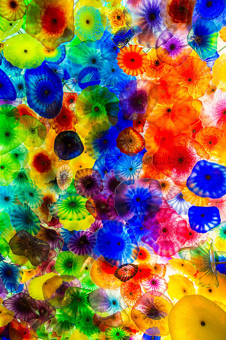 The Hand Blown Glass Flower Ceiling at the Bellagio Hotel in Las Vegas. is comprised of 2,000 glass blossoms by glass sculptor Dale Chihuly
