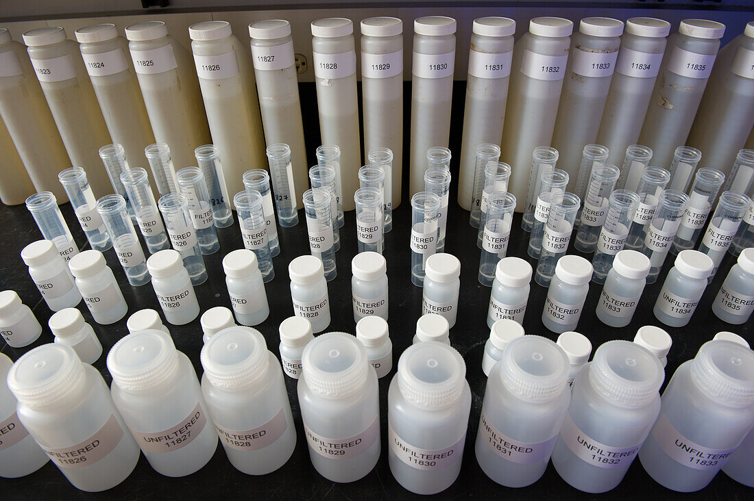 Research sample bottles in a lab