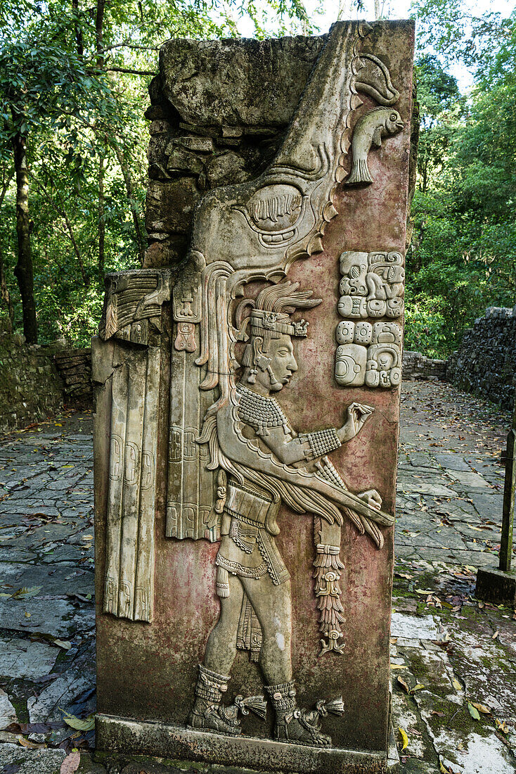 A reproduction of the stucco panel found at Temple XIX showing U Pakal K’inich in the ruins of the Mayan city of Palenque, Palenque National Park. The temple was dedicated in 734 AD. The original tablet is in the Palenque Museum. Chiapas, Mexico. A UNESCO World Heritage Site.