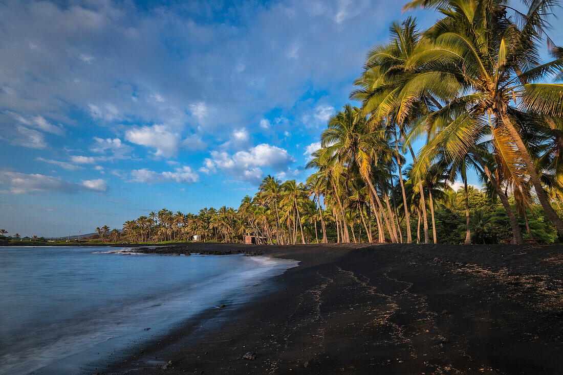 Punalu'u Black Sand Beach in the Ka'u District on the Big Island of Hawaii.