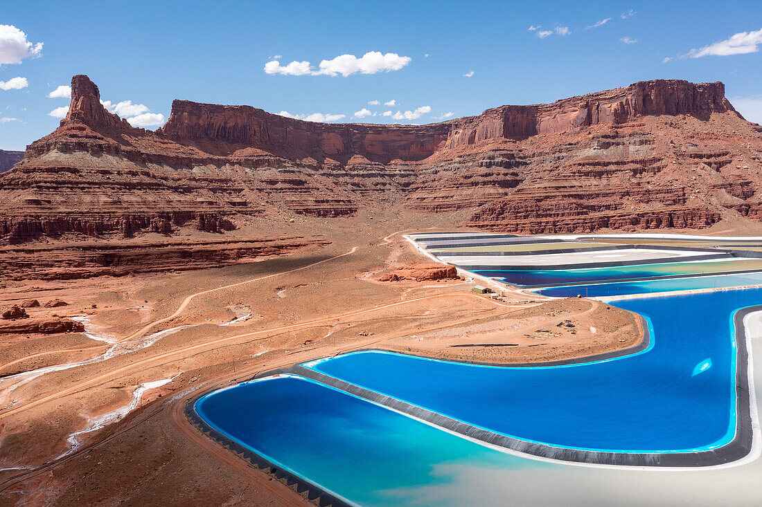 Evaporation ponds at a potash mine using a solution mining method for extracting potash near Moab, Utah. Blue dye is added to speed up evaporation.