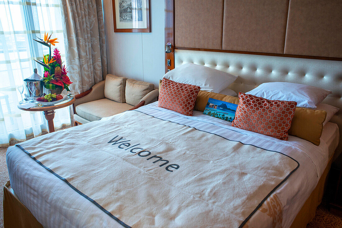 Bed room cabin inside Paul Gauguin cruise in Papeete harbour. Tahiti, French Polynesia, Papeete's harbour, Tahiti Nui, Society Islands, French Polynesia, South Pacific.