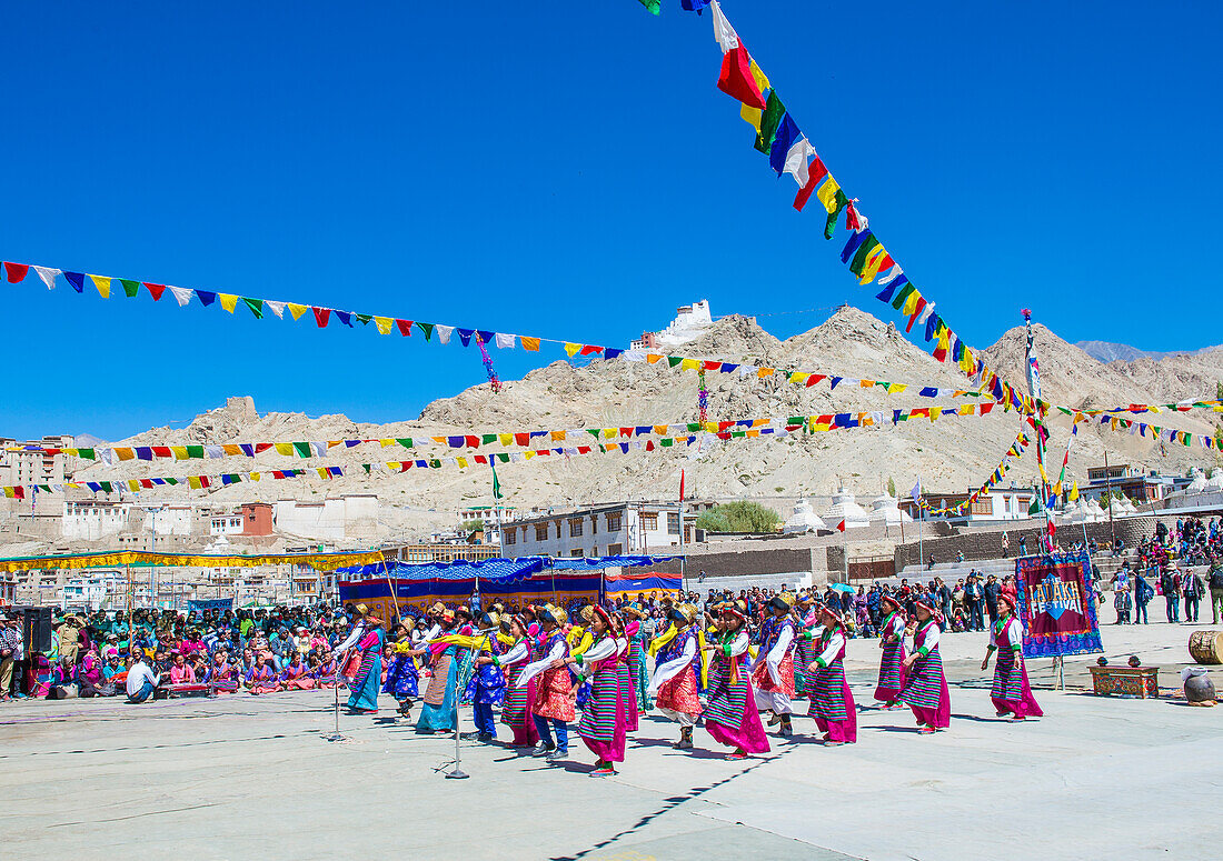 Ladakhi people with traditional costumes participates in the Ladakh Festival in Leh India