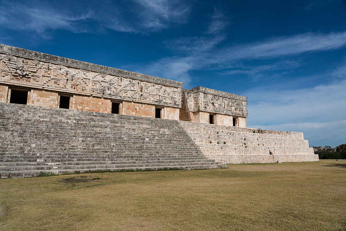 The Palace of the Governors in the ruins of the Mayan city of Uxmal in Yucatan, Mexico. Pre-Hispanic Town of Uxmal - a UNESCO World Heritage Center.