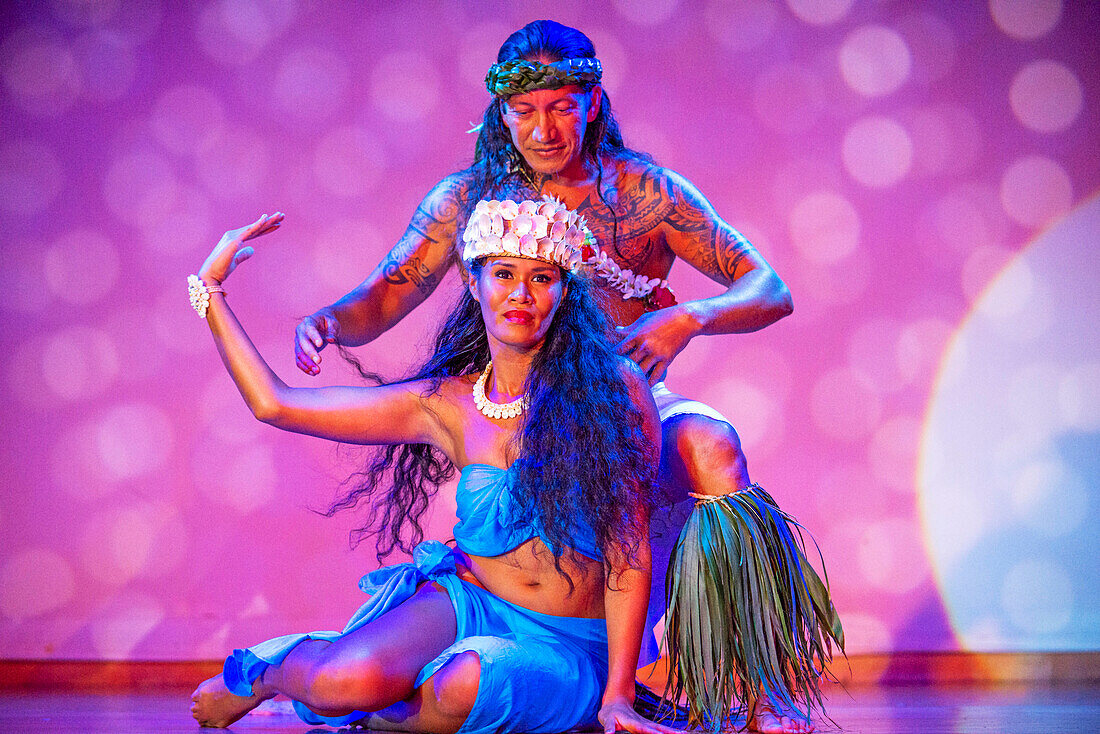 Dancing show of polynesian dances on Paul Gauguin cruise ship. France, French Polynesia, Polynesian, South Pacific.