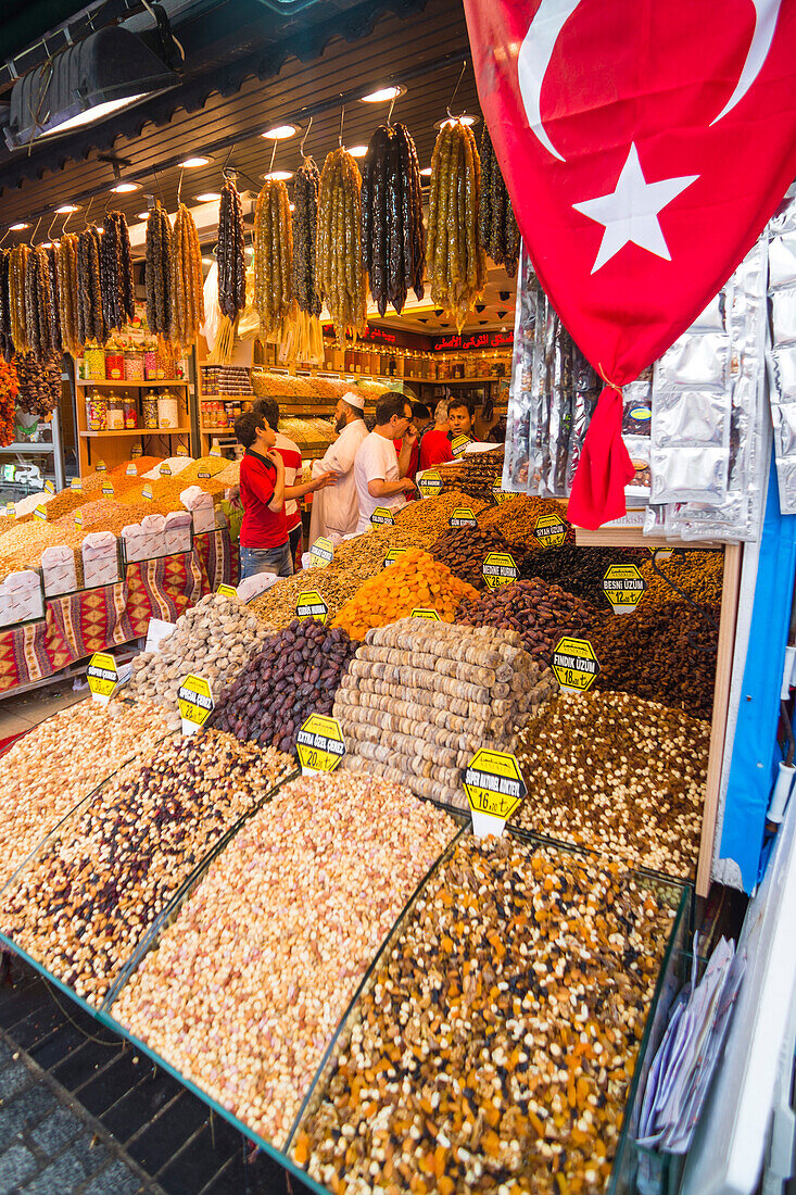 Dried fruit and nuts for sale at The Grand Bazaar, the largest market in Istanbul, Turkey