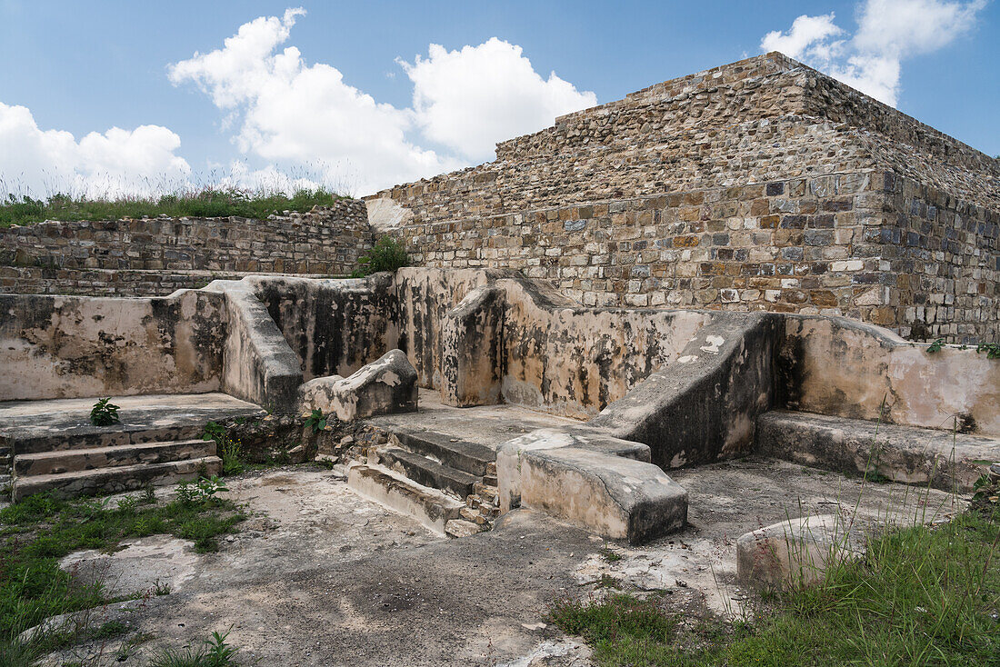 Ruins on the back side of Building 6, the Funerary Building, in the ruins of the Zapotec city of Atzompa, near Oaxaca, Mexico.