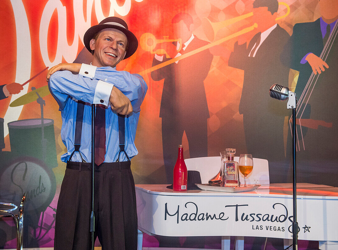 A waxwork of the Frank Sinatra at The Madame Tussauds museum in Las Vegas , The two-floor 30,000-square-foot museum has 100-plus wax replicas.