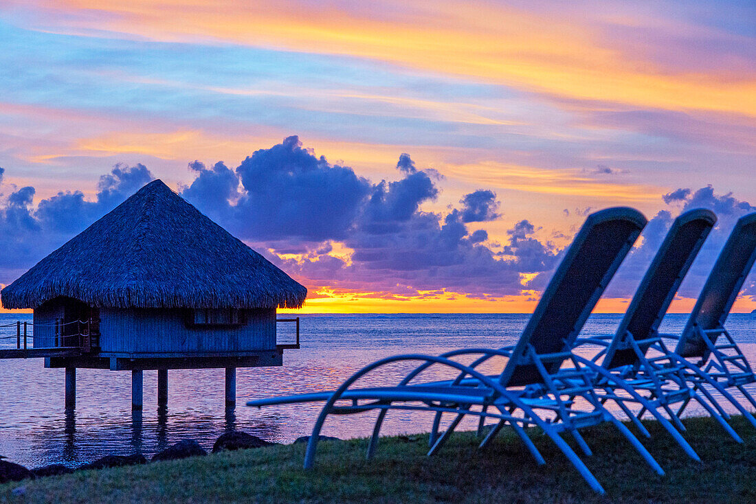 Sunset in Le Meridien Hotel on the island of Tahiti, French Polynesia, Tahiti Nui, Society Islands, French Polynesia, South Pacific.