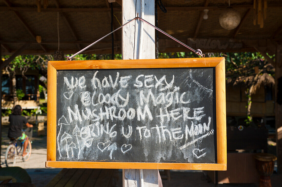 We Have Sexy Bloody Magic Mushrooms Here, Gili Trawangan, Indonesia. Gili Trawangan is the largest and most touristy of the three islands off the north-west of Lombok, known as the Gili Isles. Gili Trawangan, or Gili T as all visiting tourists come to know it, is the place to stay if you're after some nightlife as Gili Meno and Gili Air are much much...much quieter! Having said this, Gili Trawangan can be walked around in a couple of hours, and some quiet deserted beaches can be found on the far side of the island. All three of three Gili Isles are fantastic for snorkelling in the crystal clea