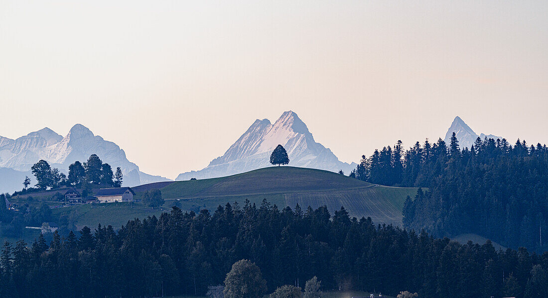 Schreckhorn, Wetterhorn, Finsteraarhorn und Eiger Berge Blick von grünen Hügeln, Sumiswald, Emmental, Bern, Schweiz, Europa