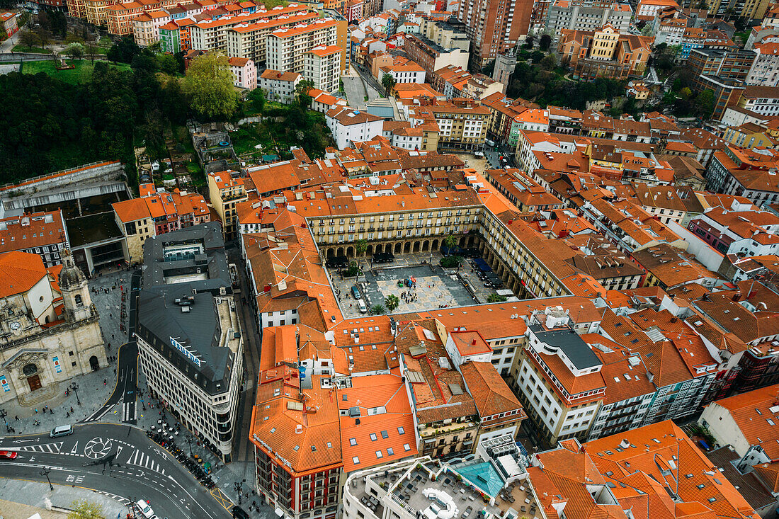 Aerial drone view of Plaza Nueva in Bilbao, Basque Country, Spain, Europe