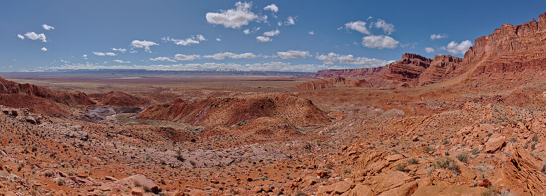 Panoramablick von oberhalb der Sand Hill Spring im Vermilion Cliffs National Monument, mit schneebedecktem Land in der Ferne des Kaibab Plateaus, Standort des Grand Canyon, Arizona, Vereinigte Staaten von Amerika, Nordamerika