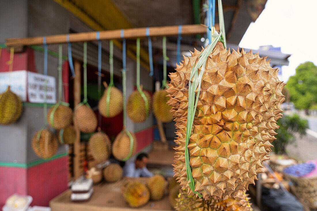 Durian fruit at a local market in West Java, Indonesia, Southeast Asia, Asia
